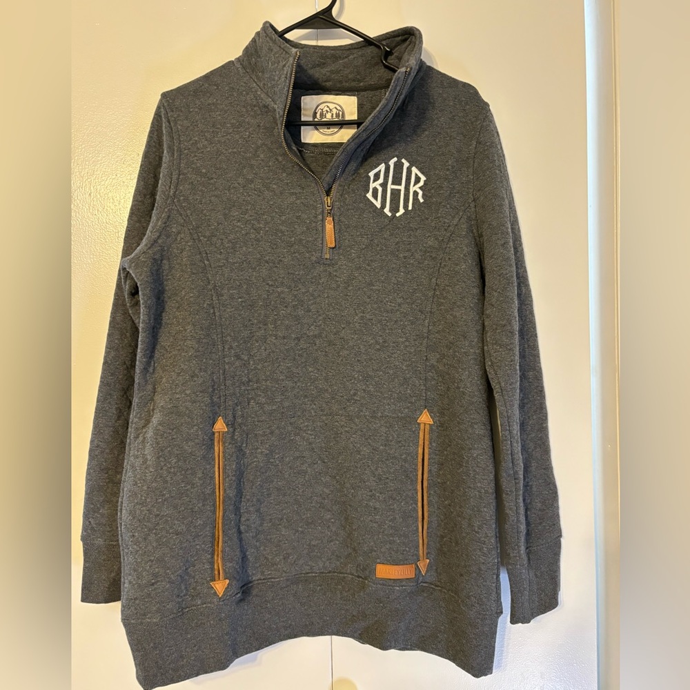 Marley Lilly BHR Monogramed Charcoal Quilted Pullover Sweatshirt Half Zip